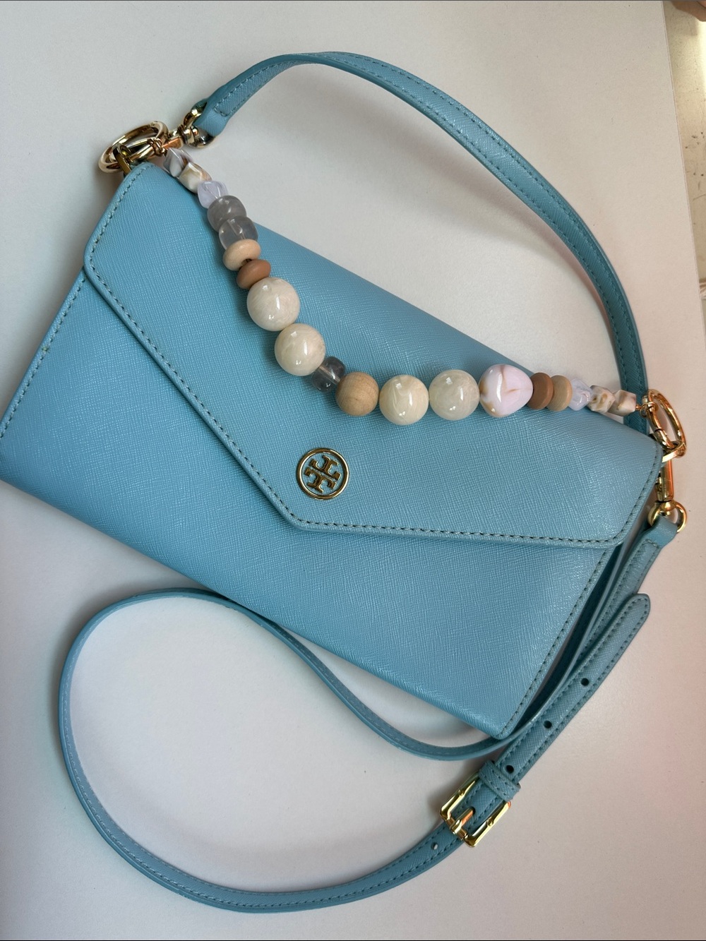 Tory Burch Sky Blue leather Wallet On Chain Crossbody Clutch Cust Beads vintage